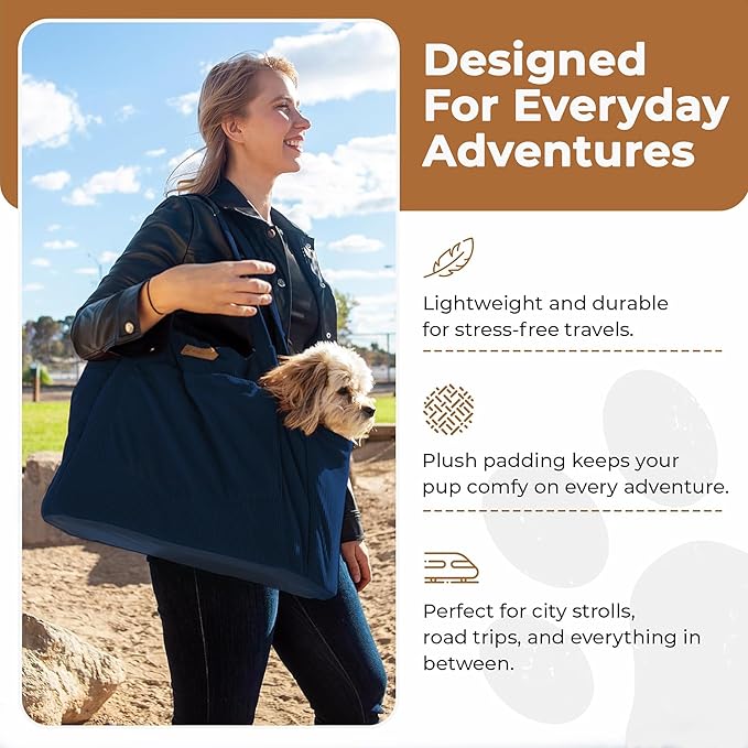 Corduroy Dog Carrier - Lightweight Cotton Soft-Sided Pet Tote with Safety Harness Clip - Breathable Travel Carrier for Small Dogs and Puppies (Dark Blue)