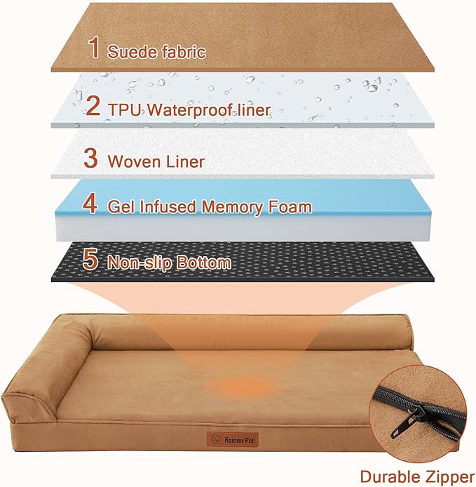 Chew Proof Dog Bed, 3" Memory Foam Dog Bed for Medium and Large Dogs, Removable and Washable Microsuede Cover, Waterproof Liner, Nonskid Bottom, 36x27 Inches L Khaki