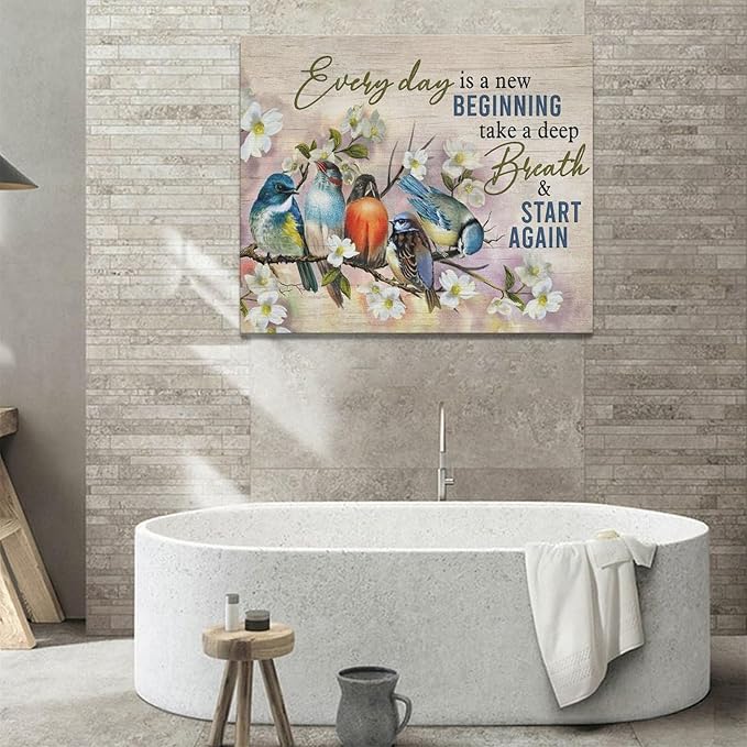 Bird Wall Art Farmhouse Flower Branch Pictures Rustic Country Birds Wall Decor Floral Canvas Print Painting Artwork for Bathroom Living Room Bedroom 20"x24"