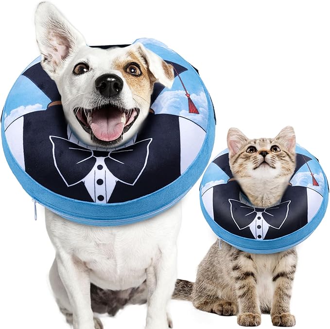 CuteBone Inflatable Dog Cone with Removable Soft Fleece Covers for Small/Medium/Large Dogs and Cats Neck Donut Collar After Surgery GWB13L