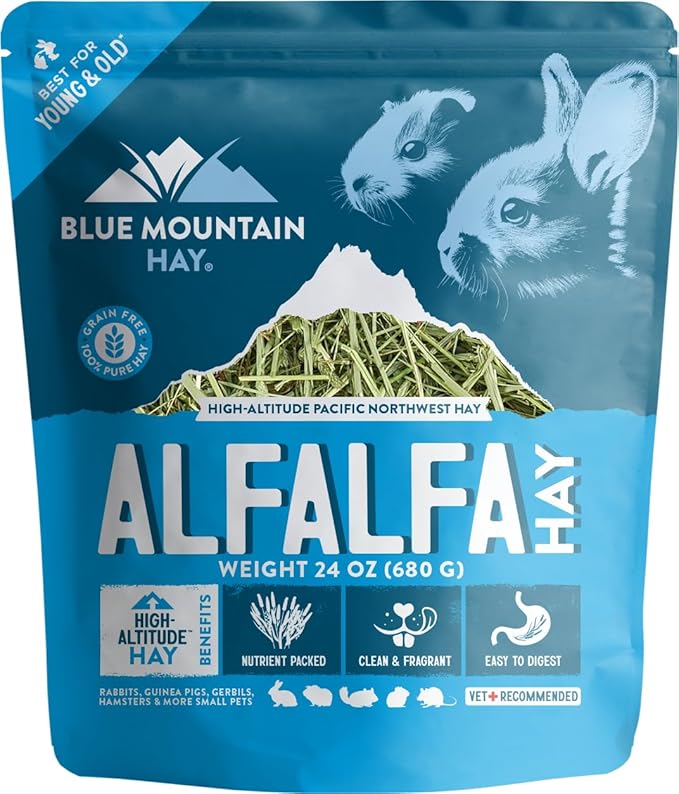 Blue Mountain Hay | Fresh Alfalfa Hay (24 Ounce) | High Leaf Retention | Nutritious High-Altitude Hay Pet Food for Rabbits, Guinea Pigs, Chinchillas, Hamsters, and Other Small Pets