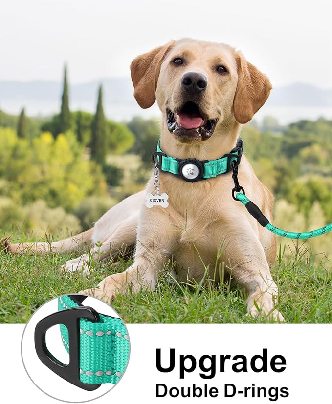 TagME Airtag Dog Collar,Waterproof Reflective Pet Collar with Airtag Holder,Soft Padded and Double D-Rings for Large Dogs,Turquoise