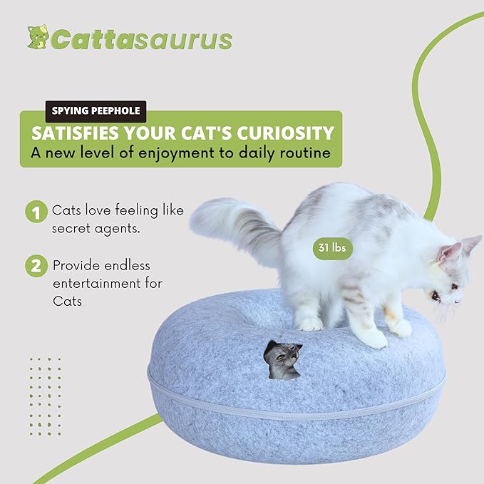 Cattasaurus Peekaboo Cat Cave, Extra Spacious for Multiple & Large Cats 12+ lbs, Scratch Detachable Beds for Indoor Cats, Washable Tunnel Bed, Comfy Cat Donut Tunnel (Light Gray+Dark Gray, Jumbo)