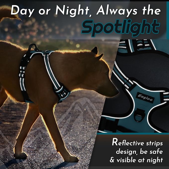 Eagloo Dog Harness Medium Sized Dog, No Pull Service Vest with Reflective Strips and Control Handle, Adjustable and Comfortable for Easy Walking, No Choke Pet Harness with 2 Metal Rings, Dark Green, M