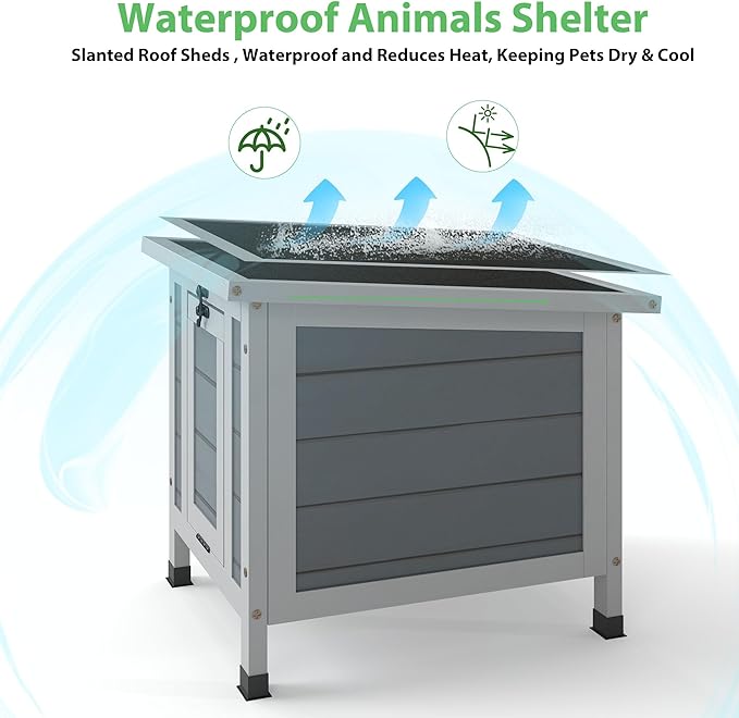 Coziwow Rabbit Hutch, Outdoor Cat House Weatherproof, Bunny Cage Indoor with Openable, Portable Small Animals Shelters with Nonslip Ramp for Hideout Rabbits/Feral Cats/Chicken/Duck/Small Animals-Gray