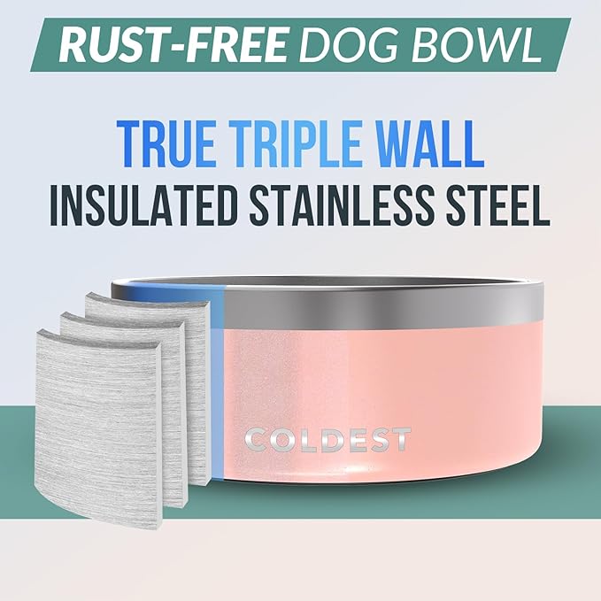 Coldest Dog Bowl - Anti Rust Metal, Non Slip, 3 Layers Insulated Stainless Steel Dog Bowls - Spill Proof & Heavy Duty - Water Bowl for Dogs, Cats, Dish Washer Safe (100 oz, Forever Pink Glitter)