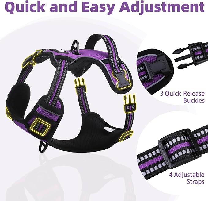 PUPTECK No Pull Dog Harness for Large, Adjustable Reflective Dog Harness with Handle Easy Control, Comfortable Soft Padded Pet Vest Harness for Large Dogs, Solid Purple L