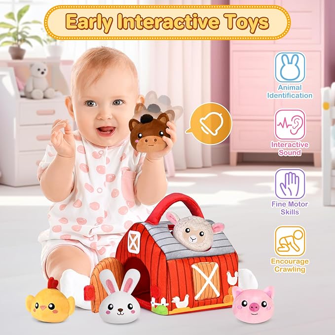 Baby Toys 0-12 Months, Plush Toy Set- 4 Sensory Soft Toys with Crinkle, Rattles for 0-3-6-9-12 Month Newborn Infant, 1st Birthday for Babies Boys Girls Age 1+ (Barn with Farm Animals)