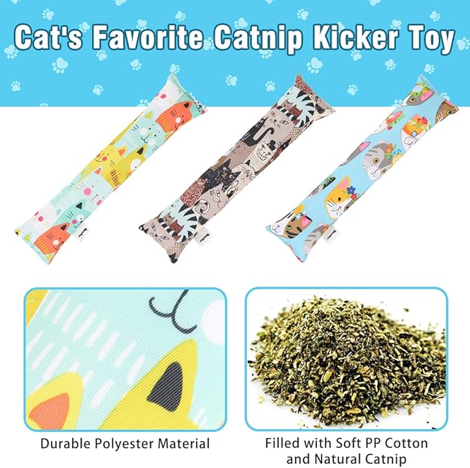 BINGPET 3 Pcs Catnip Toy Cat Kicker Toys, Durable and Bite Resistant Cat Chew Toy, Filled with Natural Catnip, Indoor Kitty Kick Pillow Toy with Cute Printing