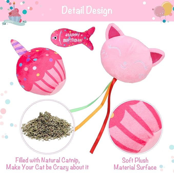 BINGPET Catnip Toys for Indoor Cats, Cat Birthday Hat and Interactive Plush Kitten Chew Toys - Cute Cake, Fish, Balloon Toys with Crinkle Paper and Catnip Inside Pink