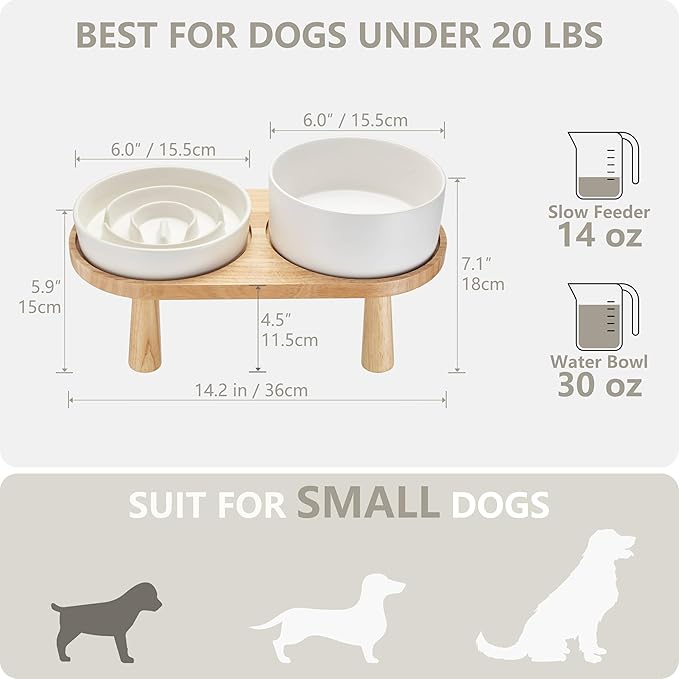 Ceramic Slow Feeder and Water Bowl Set for Small Dogs, Ceramic Dog Bowls Elevated with Wooden Stand, 0.6 Cups Dog Slow Feeder(14oz) and 30oz Water Bowl Set, White