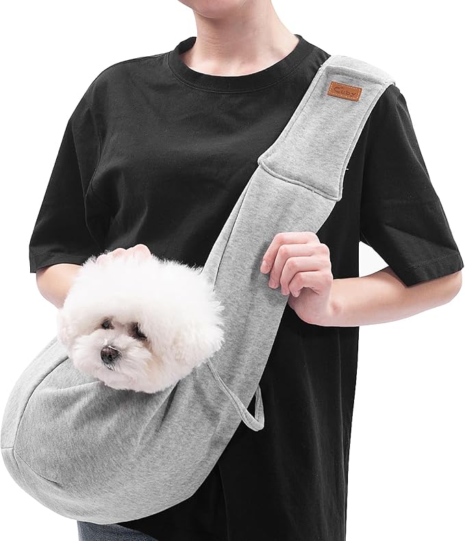 CUBY Dog and Cat Sling Carrier, Hands Free Reversible Pet Papoose Bag, Soft Pouch Adjustable, Suitable for Puppy Cats for Outdoor Travel (Grey, M-Adjustable Strap)