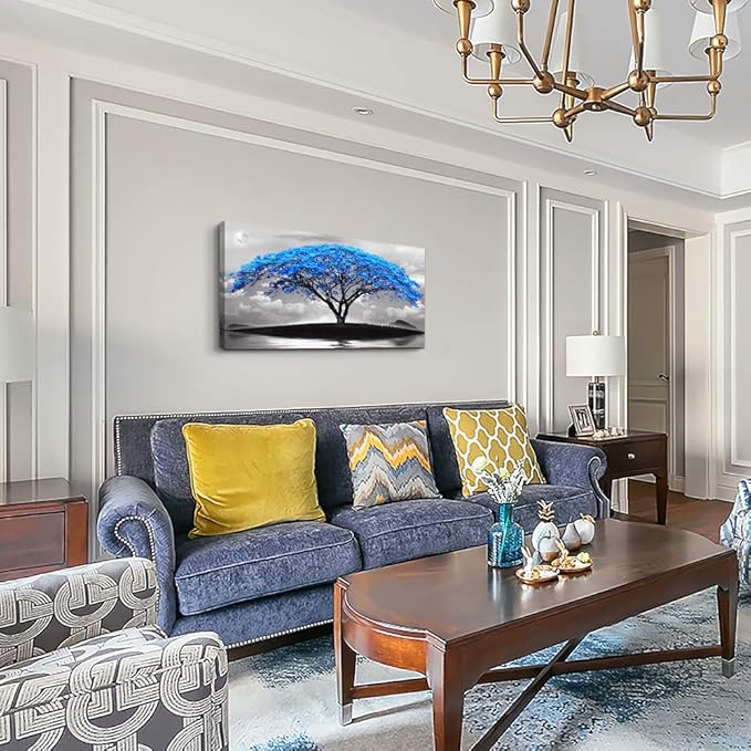 canvas wall art for living room bathroom Wall Decor Black and white landscape Blue tree moon painting to Hang Home Decorations for office bedroom kitchen Works canvas Prints pictures 20" x 40"inch