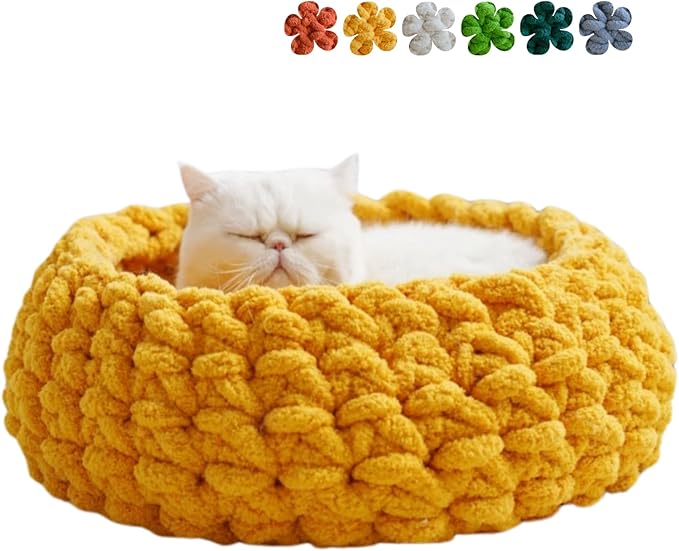 Cat Nest Bed – Premium Handwoven Washable Extra Soft Round Cave House for Indoor Kitten & Kitty, Small & Large (Persimmon Yellow,Medium)