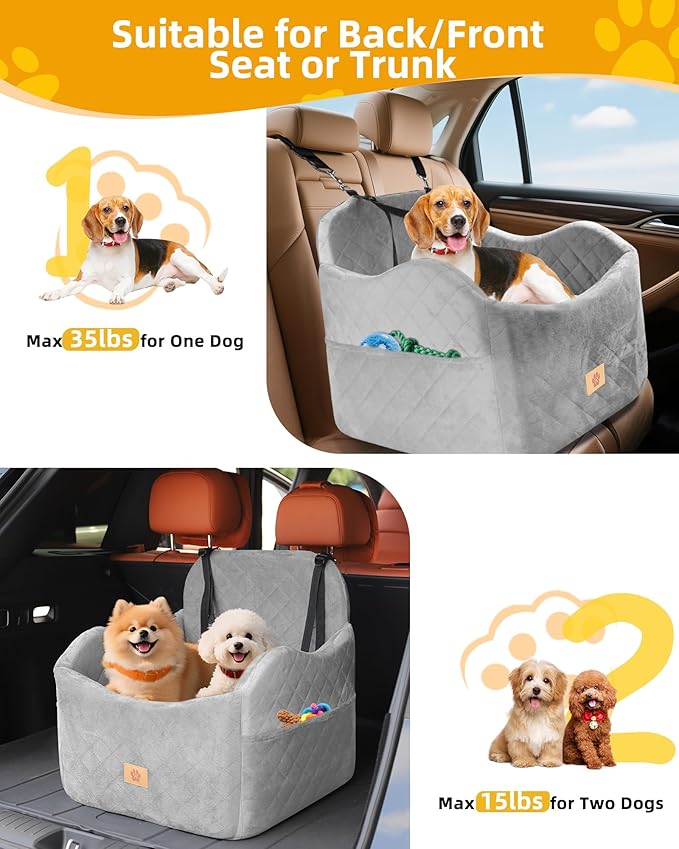Car Seat Booster for Dog: High-Support Memory Foam Pet Car Seat for Small/Medium Dogs Under 35lbs with Elevated Cushion - Detachable Washable Puppy Travel Bed for Driving with Pockets (Grey)