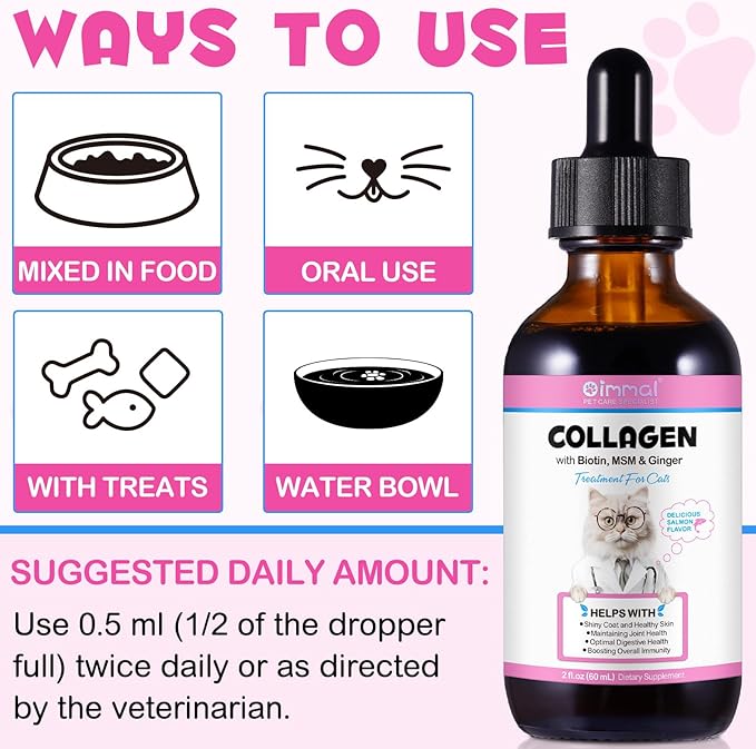 Collagen for Cats, Daily Liquid Collagen Drops for Cats with Allergies, Biotin, Vitamin C and Hyaluronic Acid, Improves Mobility Skin and Coat Health, Itch Relief for Cat, Salmon Flavor, 60ML