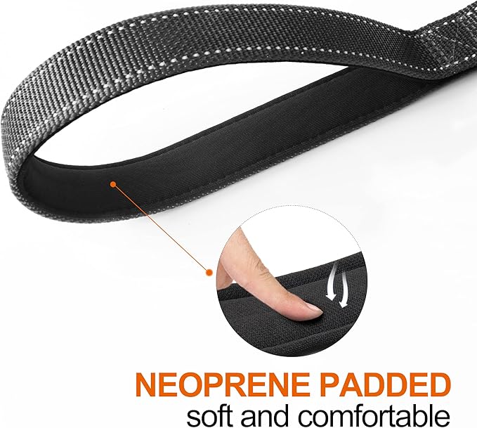TwoEar 6FT 1IN Strong Black Dog Leash with 2 Padded Handles, Traffic Handle Extra Control, Comfortable Soft Dual Handle, Auto Lock Hook, Reflective Walking Lead for Small Medium and Large Dogs