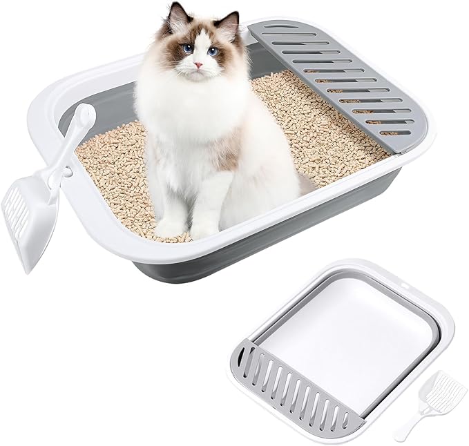 Cat Litter Box for Travel, 18"×14" Grey Small Litter Box for Open Foldable Waterproof Litter Pan,Kitty Litter Box Easy to Clean and Assemble, Portable Litter Box with Scoop