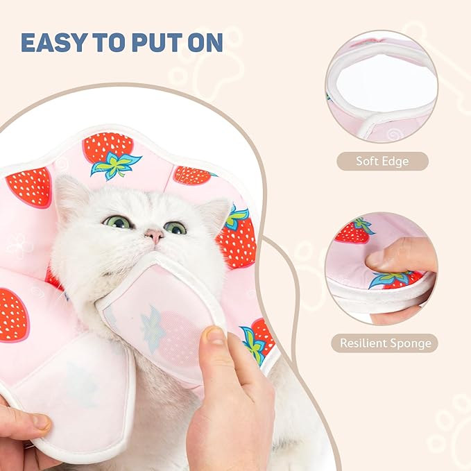 Avont Soft Cat Recovery Cone Collar, Adjustable Lightweight Kitten E-Collar for Small Dogs, Comfortable Neck Donut Stop Licking Scratching After Surgery -Strawberry(S)