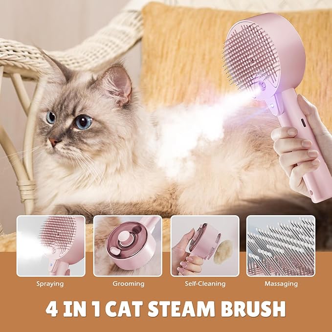 Cat Steam Brush,Cat Brushes for Indoor Cats, 4 In 1Spritz Spray Defur Comb, Cloud Care Shedding Control, Pet Grooming Brush for Long Short Hair Cats Dogs, Massage Clean Design Pet Steam Brushes