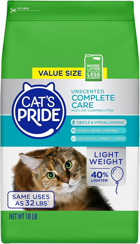 Cat's Pride Premium Lightweight Clumping Litter: Complete Care - Up to 10 Days of Powerful Odor Control - Hypoallergenic - Multi-Cat, Unscented, 18 Pounds