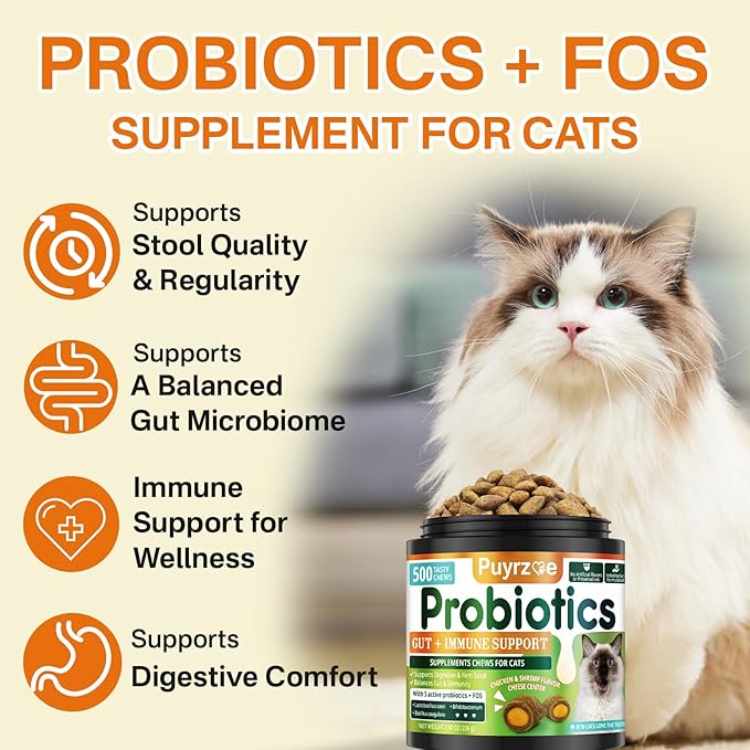 Cat Probiotics & FOS, Gut + Immune Support - 500 Chews Crunchy & Creamy Cheese Core, Probiotic for Digestive and Gut Health, Immunity, Constipation Relief for Cats Kittens - Chicken Shrimp