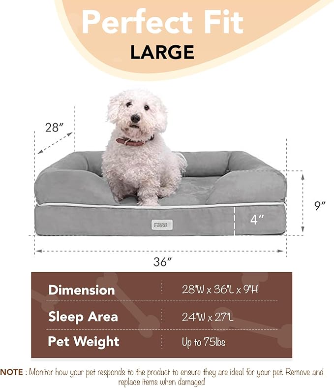 Chester Large Dog Bed - Orthopedic Memory Foam Mattress, Calming Couch, Wall Rim Pillow, Water Resistant, Washable Cover, Non-Slip, Cocoa Brown