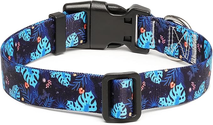 Mercano Adjustable Dog Collar - Special Design Patterns, Soft Nylon Comfortable Durable Pet Collar for Small Medium Large Dogs (L, Monstera)