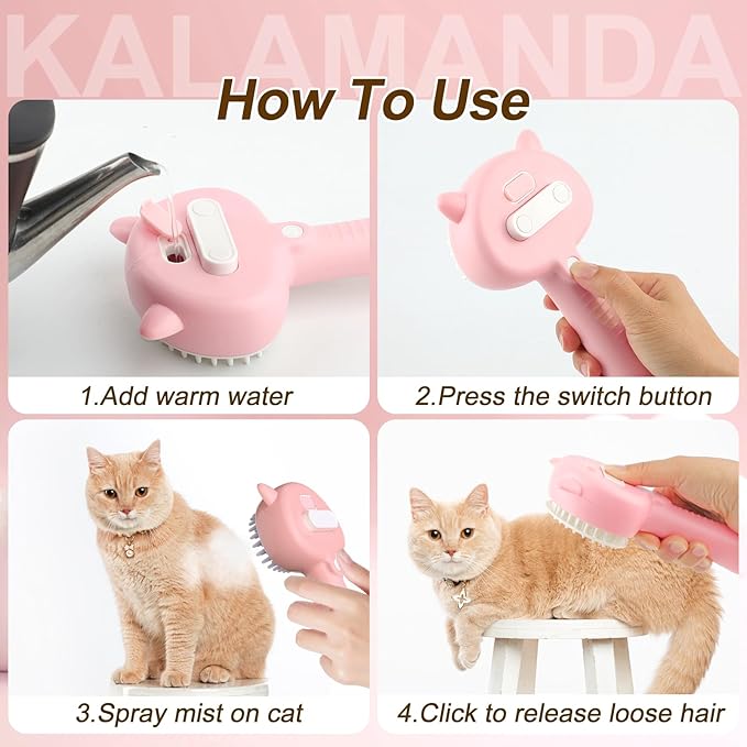 Cat Steam Brush for Shedding, 4 in 1 Steamy Cat Comb with Handle, Rubber Pet Misting Brush with Release Button for Indoor Kittens Small Animals(Pink)