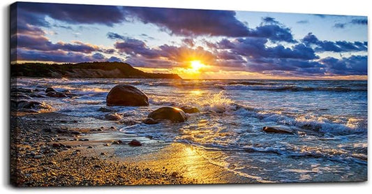 canvas wall art for living room bedroom Wall Decor blue ocean landscape painting Hang Home Decoration office bathroom kitchen sun beach sea golden Waves on the beach canvas art Prints pictures Works