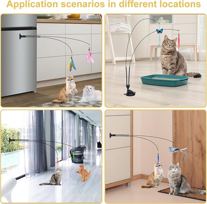 Cat Feather Toys, 14PCS With 2 Slots Super Suction Cup, Detachable 2PCS Wand & 11PCS Replacement Teaser Refills With Bell, Interactive Toy for Indoor Cats Kitten Play Exercise