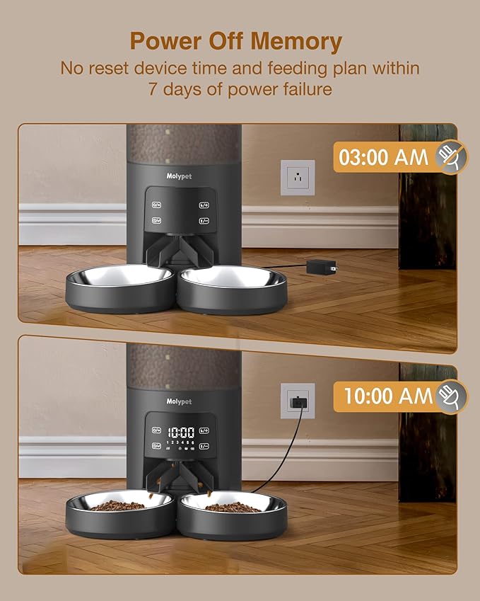 Automatic Cat Feeders - 6L Cat Food Dispenser with Double Bowls, Programmable Timed Feeder for Up to 6 Meals per Day with 10S Voice Recorder, Supports Dual Power Supply
