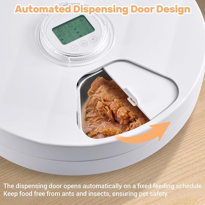 Automatic Cat Feeder Wet Food, Battery Operated Auto Feeder with 2 Ice Packs, Digital Cordless Pet Fresh Food Bowl with Timer and Memory Function for Cats Small Dogs (6-Meal Stainless Steel)