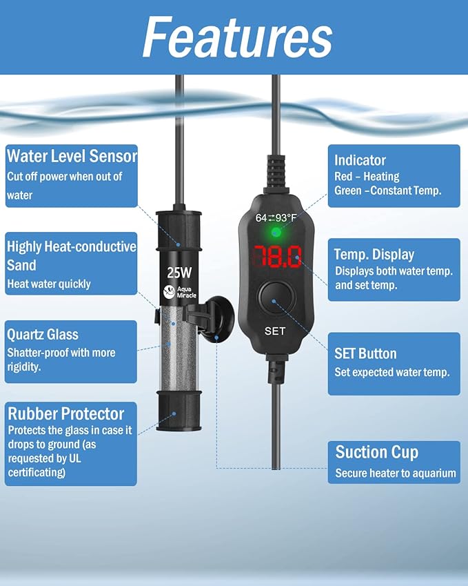 AquaMiracle Adjustable 25W Aquarium Heater Submersible Fish Tank Heater Super Short Aquarium Heater with LED Digital Display Thermostat, for Tanks 3-5 Gallons