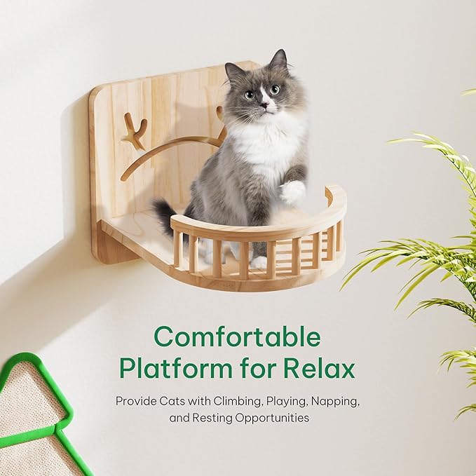 Cat Wall Shelves, Cat Wall Furniture Pine Wooden Feline Shelf, 16 Piece Shelves and Perches with Bowl, Warmer Mat, Condos, House, Steps and Cat Scratcher