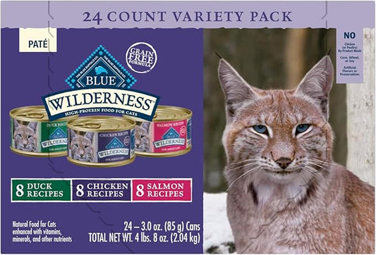 Blue Buffalo Wilderness High Protein, Natural Adult Pate Wet Cat Food Variety Pack, Chicken, Salmon, Duck 3-oz cans (24 Count- 8 of Each Flavor)
