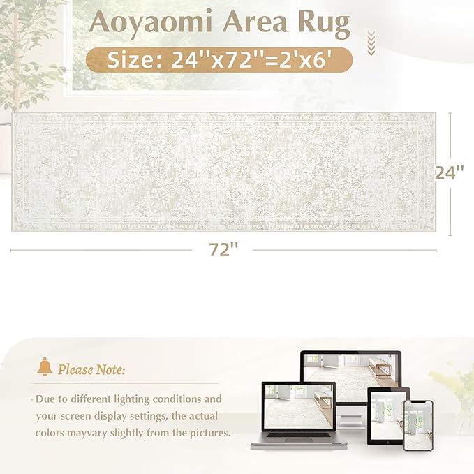 Runner Rug 2x6 Entryway Rug - Machine Washable Vintage Boho Area Rug Non-Slip Kitchen Runner Soft Stain Resistant Floral Runners for Hallways Entryway Laundry Bathroom Bedroom(Cream Beige, 2'x6')