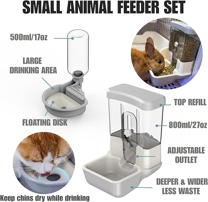 Automatic Pet Food Water Dispenser, Auto Gravity Pet Feeder Water Bottle Set for Crate, Feeding Station for Small Dog Cat Rabbit Guinea Pigs Chinchilla Ferret Hedgehog (Gray)