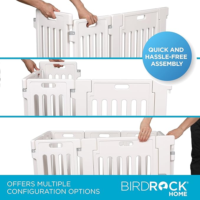BIRDROCK HOME Dog Playpen w/Door, 8 Panel, 25.6in H | Strong Plastic, Non-Slip Puppy Playpen, Secure Pet Gate | Indoor Outdoor Fence | Configurable Panels | Small Pets - White