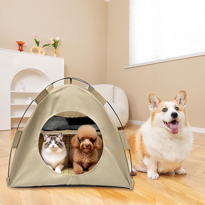 BreezyDen Pop-Up Pet Tent – Portable Hideaway for Cats & Small Dogs, Portable Indoor/Outdoor Pet Tent House with Mesh Window, Waterproof, Breathable, Scratch-Resistant, Fully Washable (Beige,M)