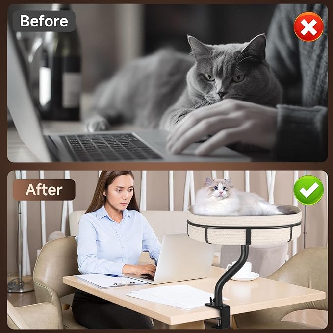 Cat Desk Bed - 360° Rotating Mount Attachment - Space-Saving Cats Hammock for Home Office/Computer Desks, Washable All-Season Indoor Pet Nest - Comfortable Perch