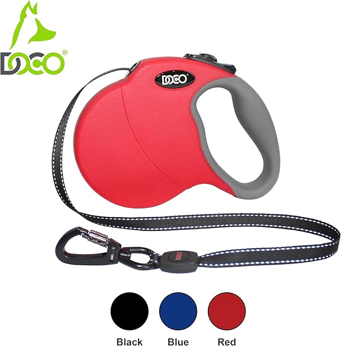 DOCO Retractable Dog Leash for Large Dogs (Length - 16’, Weight - Upto 110lb) Reflective Tape Lead with Stop and Lock Control, Tangle Free 360° Swivel Snap & Anti-Slip Grip (Red, Large)