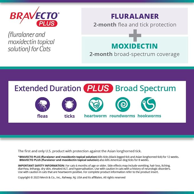 BRAVECTO PLUS Topical Solution for Cats, Flea, Tick & Heartworm, 2 Months Supply, 13.8-27.5 lbs., Purple Box