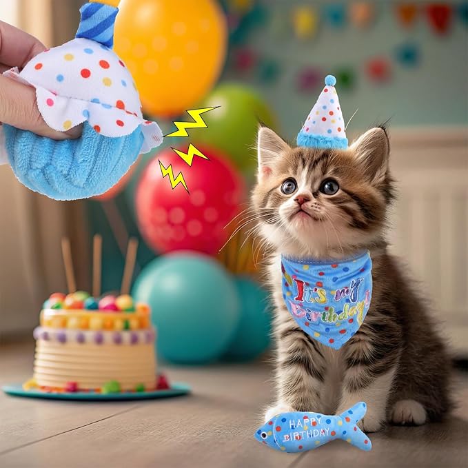 BINGPET Cat Birthday Catnip Toys for Indoor Cats,Cat Birthday Hat,Bandana and Cat Birthday Cake Interactive Plush Kitten Chew Toys,Cute Fish,Balloon Toys with Crinkle Paper and Catnip Inside(Sky Blue)