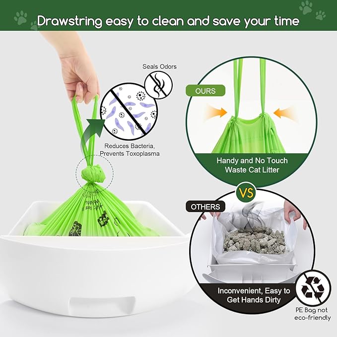 Biodegradable Cat Litter Liner Bags Compatible with LR 3, 4 and Most Self-Cleaning Litter Boxes, 60 Count Kitty Automatic Waste Drawer Liners, Drawstring Pet Compostable Replacement Poop Bags