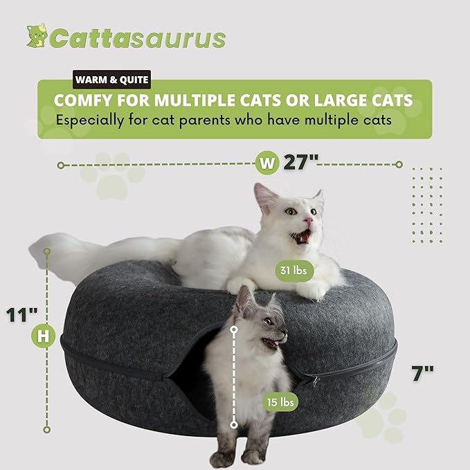 Cattasaurus Peekaboo Cat Cave, Extra Spacious for Multiple & Large Cats 12+ lbs, Scratch Detachable Beds for Indoor Cats, Washable Tunnel Bed, Comfy Cat Donut Tunnel (Dark Gray+Dark Gray, Jumbo)