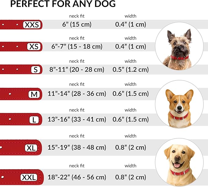 CollarDirect Rolled Leather Dog Collar, Soft Padded Round Puppy Collar, Handmade Genuine Leather Collar Dog Small Large Cat Collars 13 Colors (18-22 Inch, Red Smooth)