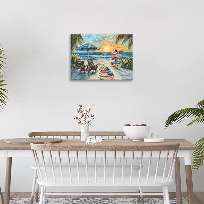 Beach Ocean Bathroom Pictures Wall Art, Seaside Coastal Bathroom Wall Decor, Sunrise Framed Painting Canvas Artwork for Bedroom Living Room Decorations 20"L x 16"W