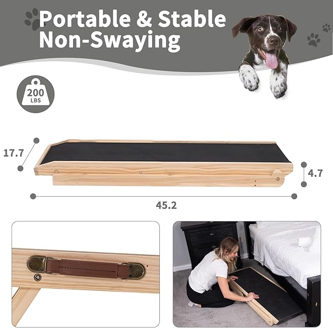 Folding Wooden Dog Ramp for Bed, Couch & Car,45IN Long- 5 Level Adjustable Pet Ramp, Non-Slip Rubber Mat, 17.7'' Extra Wide - Supports Small & Large Senior Dogs & Cats up to 200 lbs