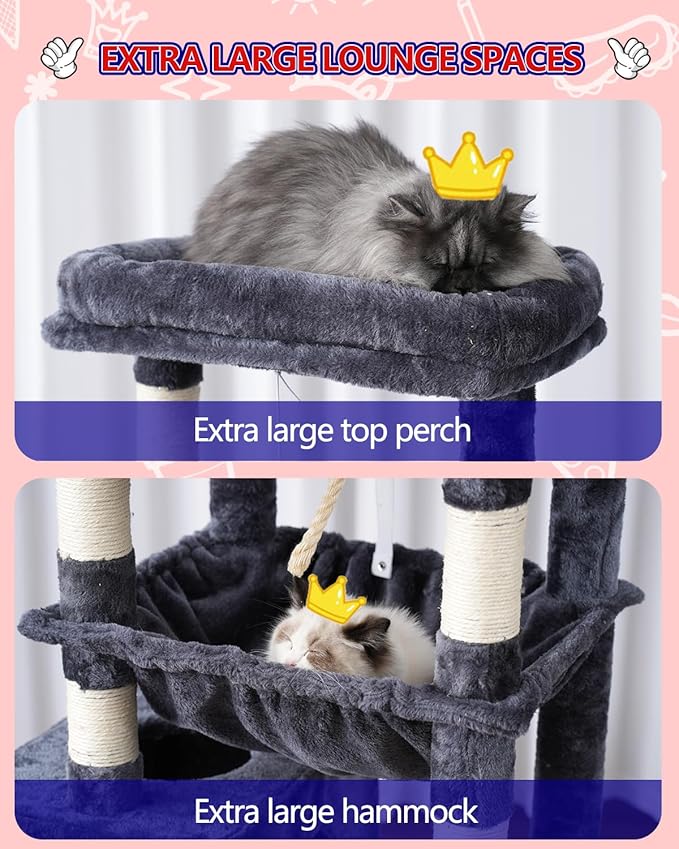 Cat Tree, Cat Tower for Large Cats with 2 Big Platforms, 2 Baskets, condo and Toys, 63" Cat Scratching Posts for Indoor Cats, Smoky Gray GCT020G